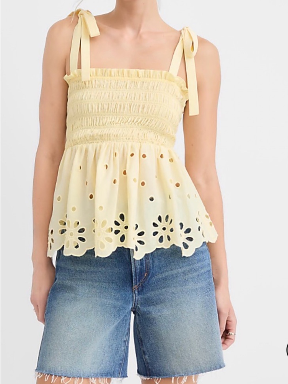 LOFT Pale Yellow Smocked Tie-Shoulder Eyelet Peplum Camisole